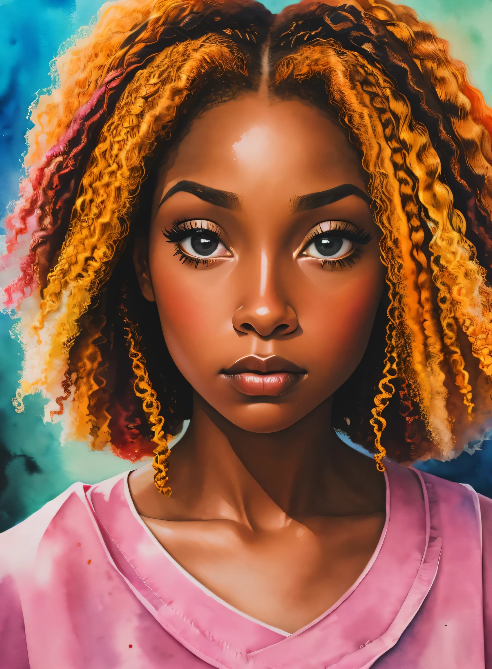 pintura de uma mulher com cabelos cacheados no cabelo, inspirado em Chinwe Chukwuogo-Roy,  preta bonita, garota afro-americana, adolescente negra, close-up médio, retrato em aquarela, Tendências em Arte, carrancudo, apático, tranças encaracoladas brilhantes, altamente detalhado, 8K, Ultra HD