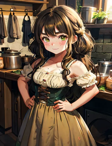 anime girl in a kitchen with a pot and pans, anime girl in a maid costume, cute anime waifu in a nice dress, anime visual of a c...