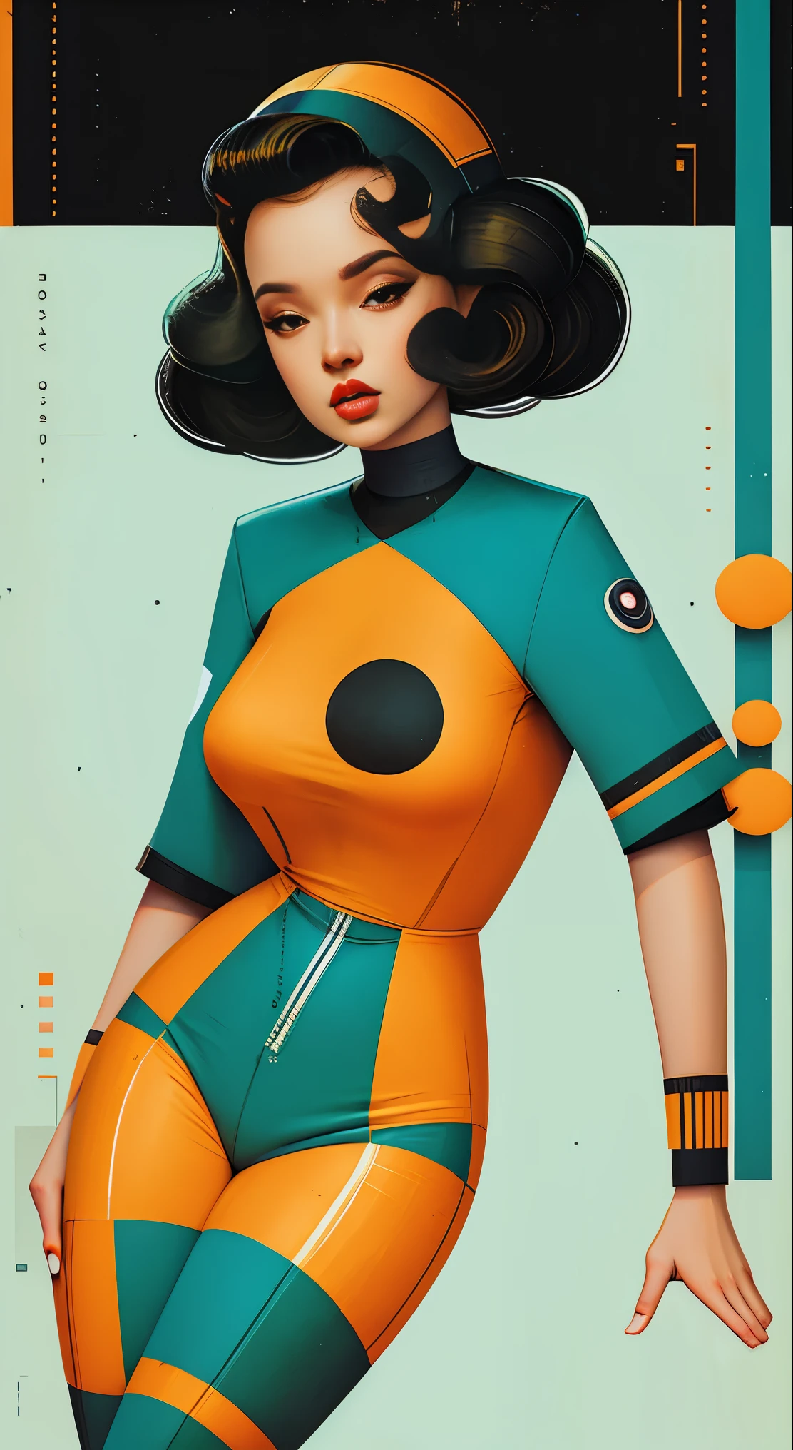 Retro SciFi Art,antiguo,1 chica pinup con ropa técnica blanca,gato,formas geométricas y rayas simples en el fondo