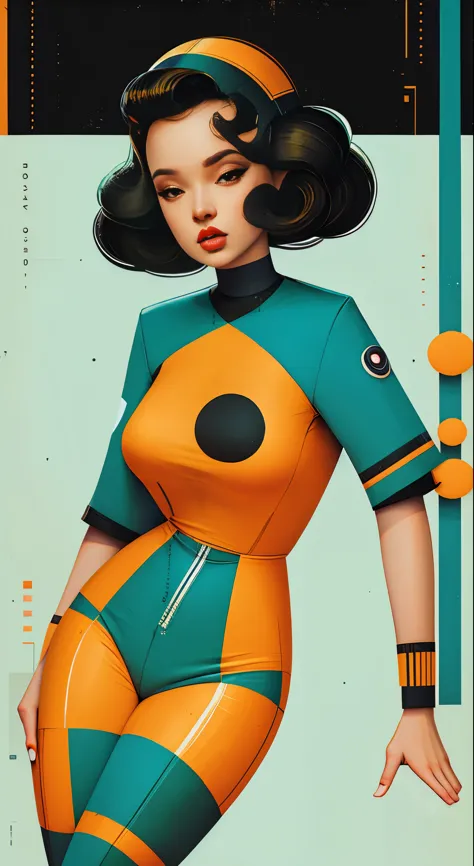Retro SciFi Art,vintage,Garota 1pinup com roupas techwear bem brancas,Gato,geometric shapes and simple stripes on the background