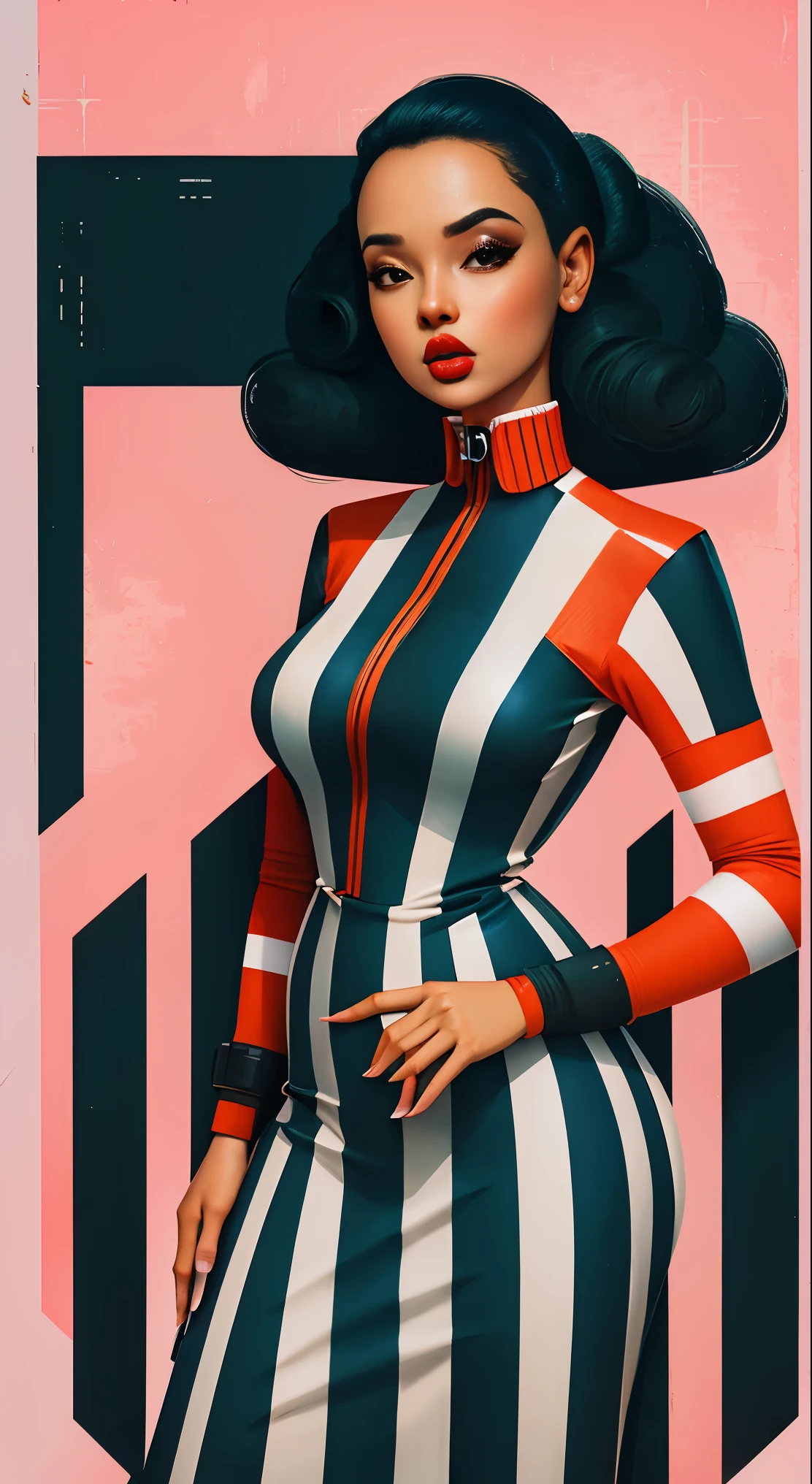 Retro-SciFi-Kunst,Jahrgang,1Pinup-Girl in weißer Techwear-Kleidung,Katze,geometrische Formen und einfache Streifen auf dem Hintergrund