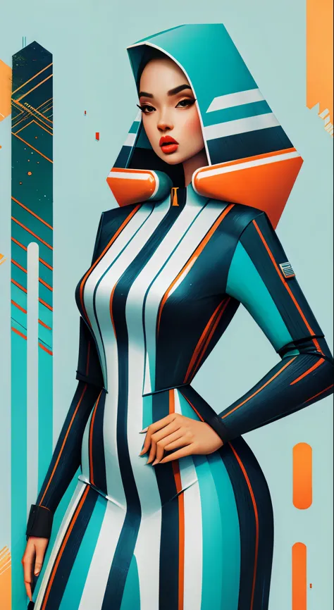 Retro SciFi Art,vintage,Garota 1pinup com roupas techwear bem brancas,Gato,geometric shapes and simple stripes on the background