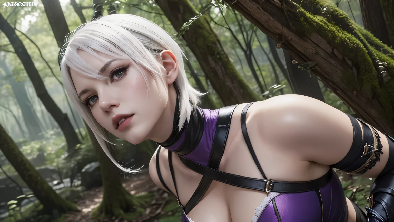 A close up of a woman in a purple outfit posing in a forest - SeaArt AI