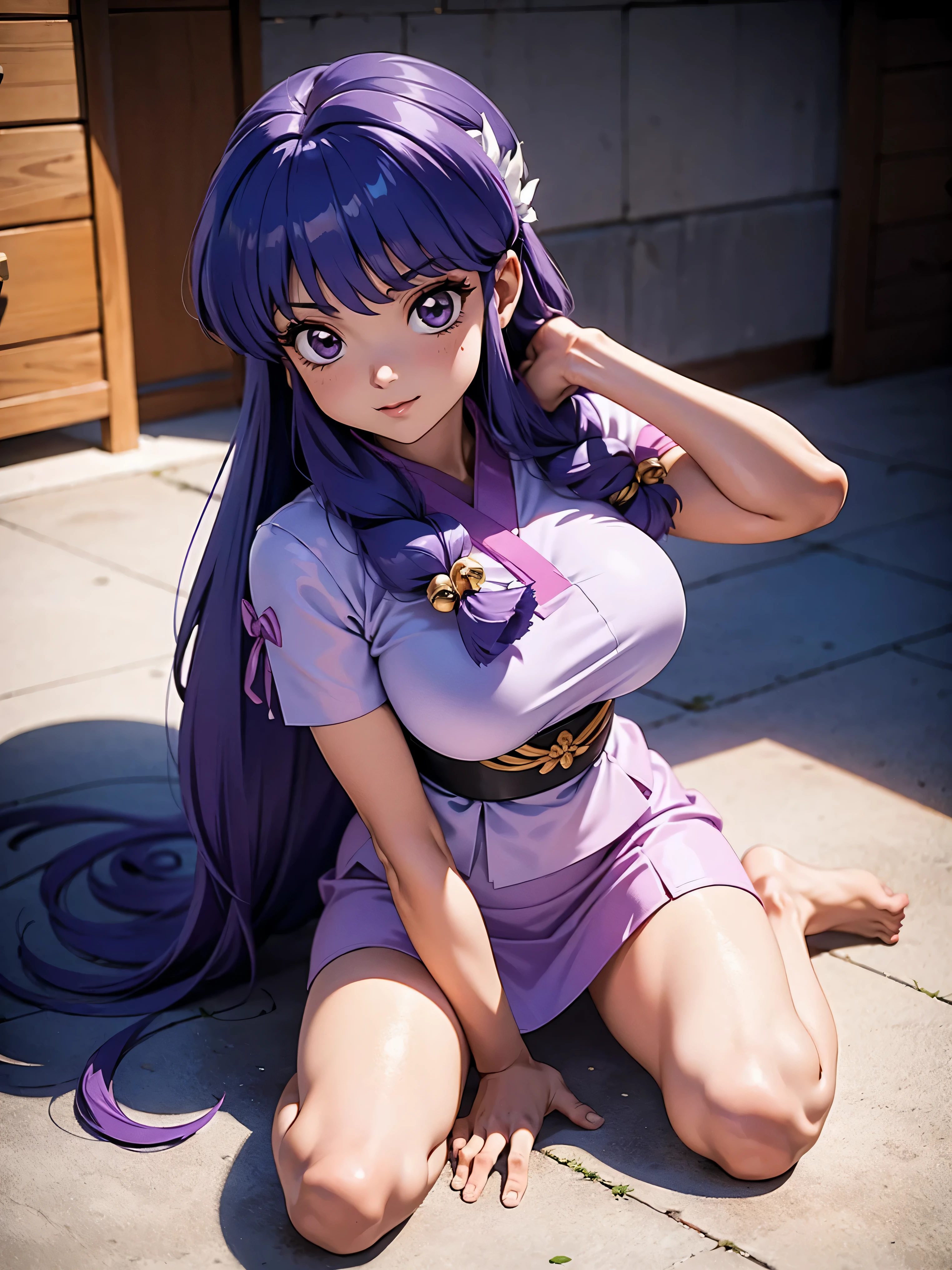 Anime girl smiling long purple hair, wearing a purple flowered kimono, very beautiful and sexy, 16 yrs old, puffing the chest forward, hands in hair, WITH YOUR HANDS BEHIND YOUR HEAD, Body cute, breasts big, purple purple hair, long purple hair, sexy girl, purple hair long, gorgeous lighting, softshadows, blue colored eyes, pretty legs, hair with braid, anime styling, Personagrm Shsmpoo, Autora Rumiko Takahashi, Based on a work by Rumiko Takahashi, Anime Ranma 1/ 2, decote sexy, robust hip, fully body, complete body, Bust Big, young girl with beautiful and beautiful body, sandals on the feet, young short girl, wearing beautiful and sexy purple tight kimono, anime girl, anime styling, beautiful feet in sandals, sitting on the floor, viewing angle 45°, posse sexy puffing the chest forward