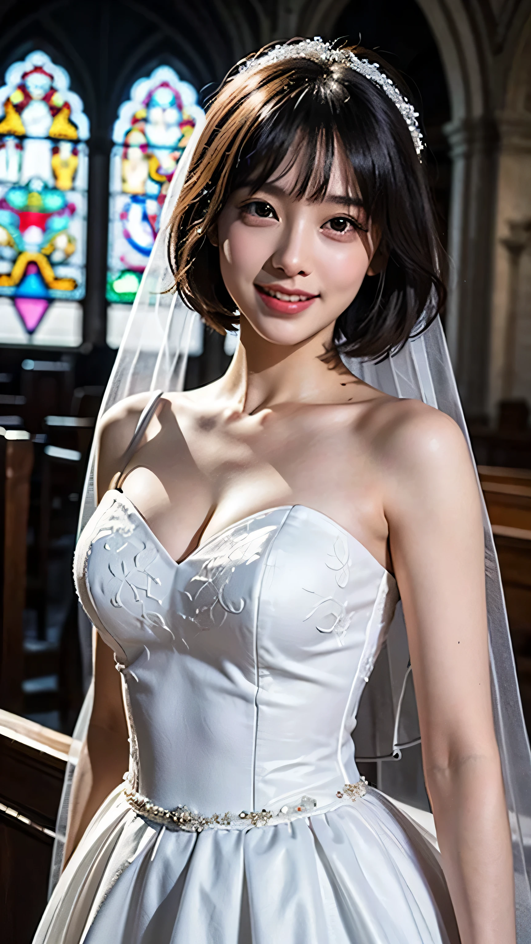 Highly detailed CG Unity 8K wallpaper、highest quality、Super detailed、masterpiece、genuine、写真genuine、Highly detailed cute girl、20-year-old、(skirt lift)、((Wedding dress))、blush、smile、parted lips、look at the audience、(church)、dull bangs、short cut hair、angle from below、baby face、sharp bust top