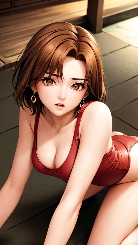 masterpiece,highest quality,ultra high resolution,short hair,eyeliner,parted hair,short hair,earrings,Ghibli style, woman,red swimsuit、get down on all fours
