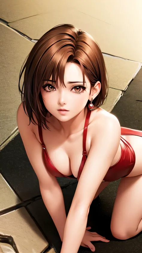 masterpiece,highest quality,ultra high resolution,short hair,eyeliner,parted hair,short hair,earrings,Ghibli style, woman,red swimsuit、get down on all fours