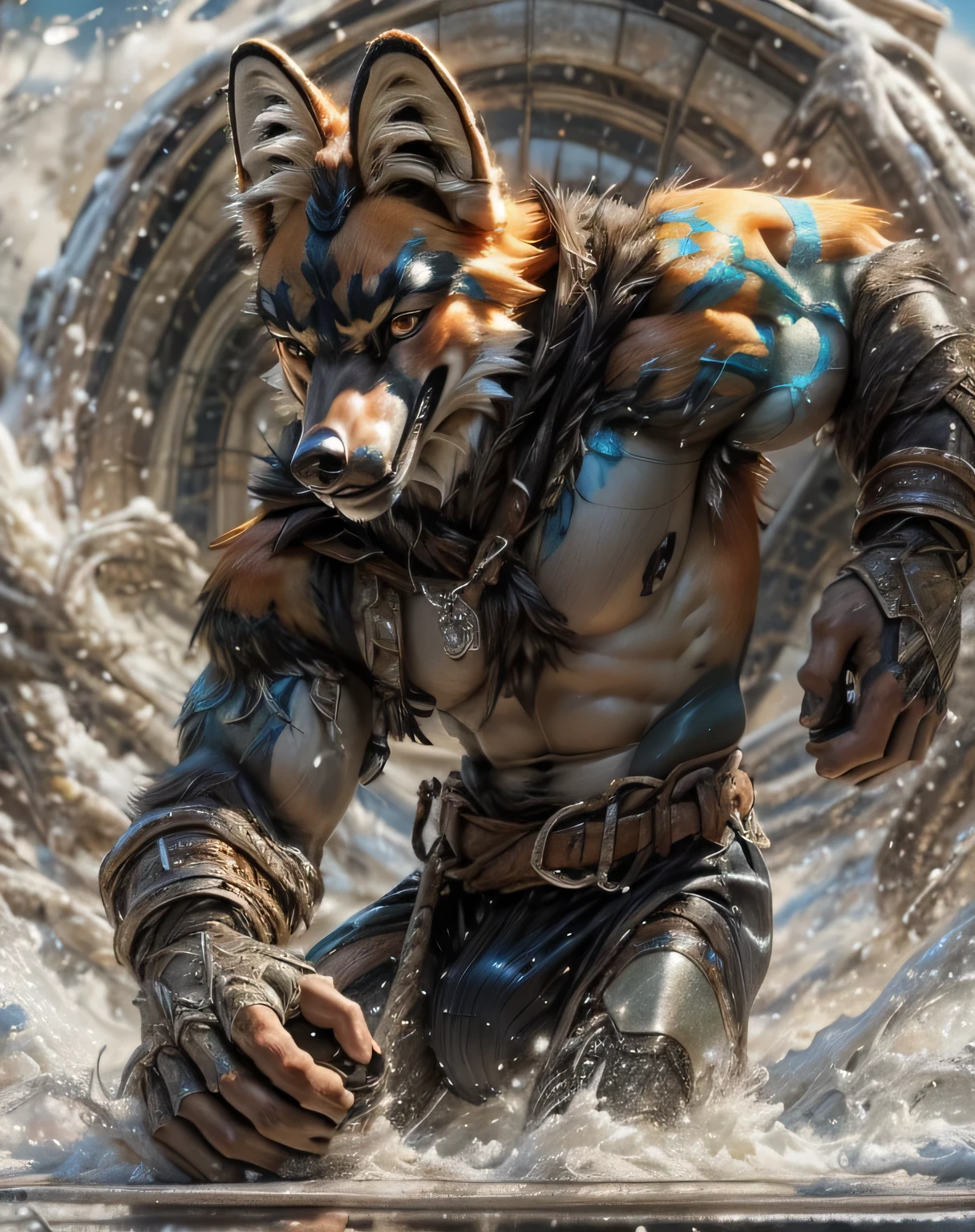 (mid_shot:1.3),(1 male:1.2),(muscle maned wolf:1.5),(frontal illumination:1.2),with a silver body and glitters with lights above,extreme iridescent reflection,in the style of vray tracing,vibrantmanga,shiny/ glossy,rococo pastel,fluid form,tinycore,fluid impressions,vray,machine aesthetics,yanjun cheng,silver,shiny eyes,fluidform.,the young warrior,male characteristics, detailed bulge, vpl, beard, bulge, nice bulge