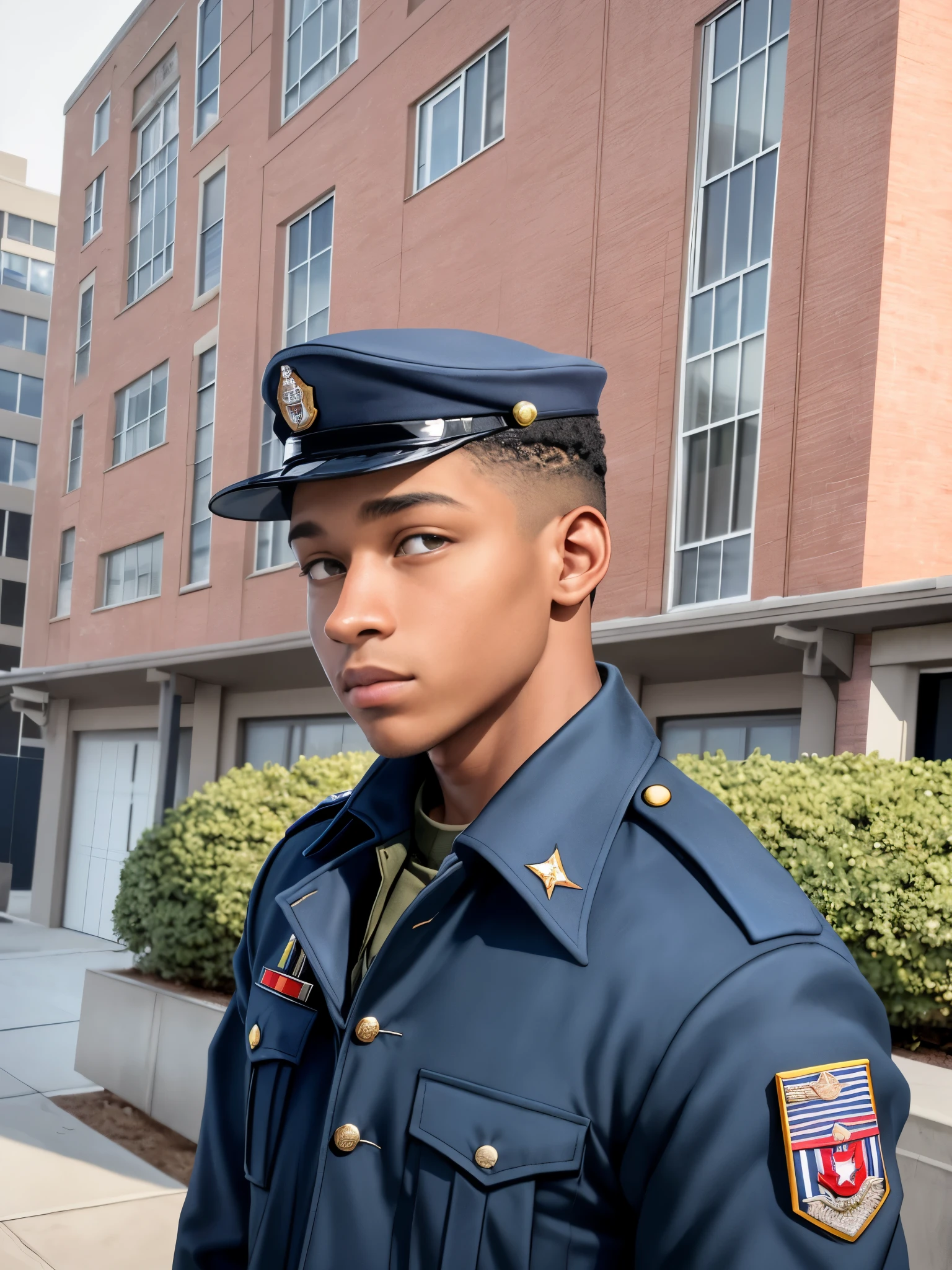 arafed man in a military hat and jacket standing in front of a building, wearing a navy blue utility cap, 1 / 2 headshot, profile shot, 1 / 4 headshot, from the front, in style of tyler mitchell, around 2 5 years old, looking from side!, in military uniform, muscular male, solo, furry face, glowing eyes