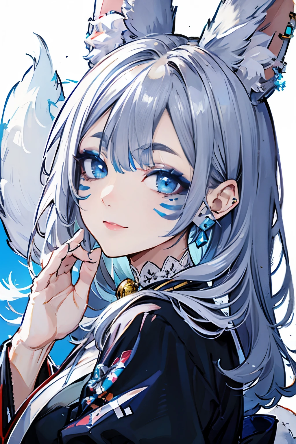 Masterpiece, best quality, ultra detailed, beautiful woman, white fox ears and tail, white long hair, blue eyes, blue makeup, white and blue kimono