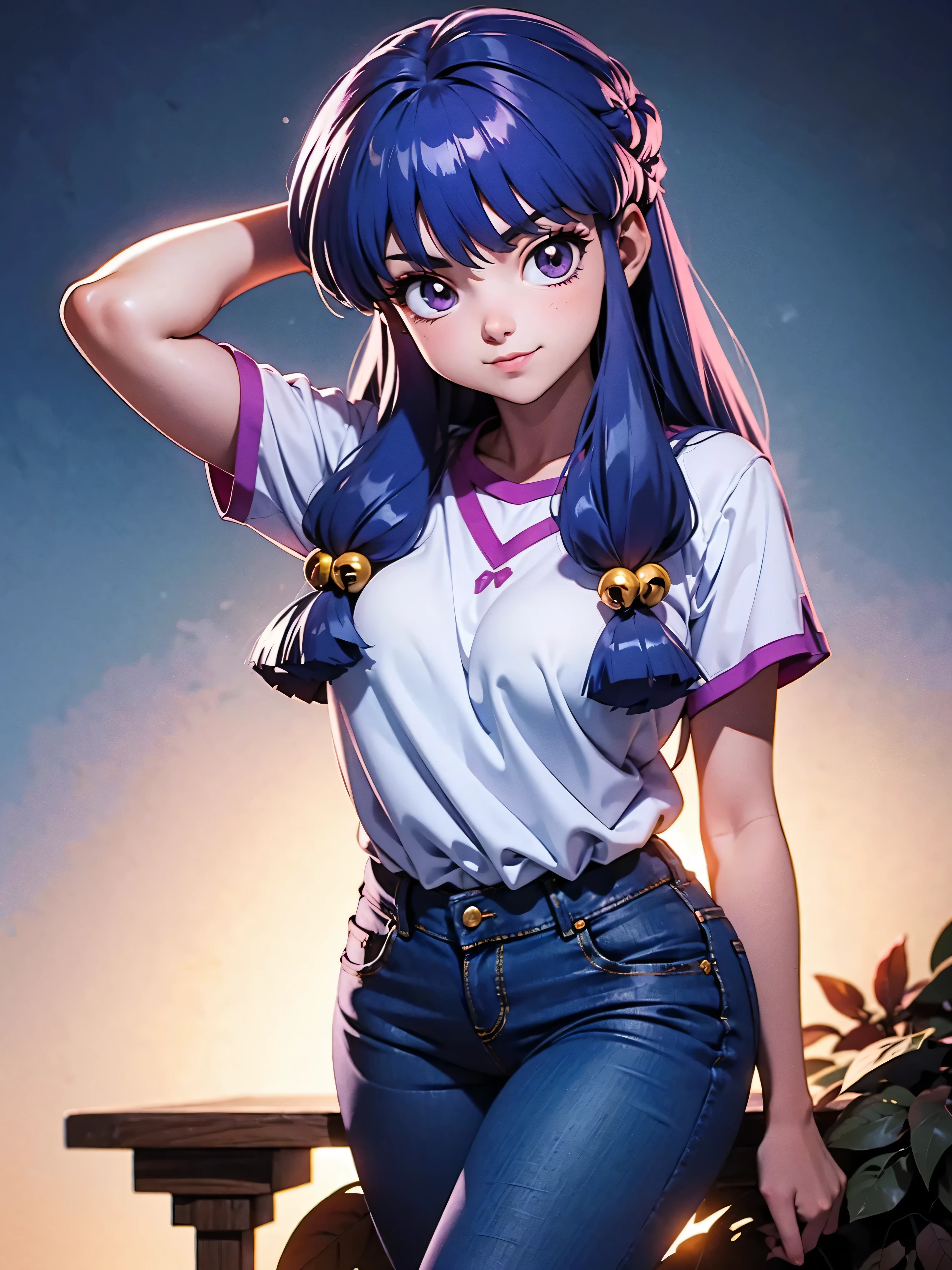 Anime girl souriant aux longs cheveux violets, portant un chemisier violet et un short en jean sexy, 16 ANS, mains dans les cheveux, avec tes mains derrière la tête, beau corps, gros seins, cheveux violets violets, longs cheveux violets, fille sexy, cheveux violets longs, éclairage magnifique, ombres douces, yeux bleus, belles jambes, cheveux avec tresse, style animé, Shampooing Personagrm, Autora Rumiko Takahashi, D&#39;après une œuvre de Rumiko Takahashi, Anime Ranma 1/ 2, déco sexy, hanche robuste, tout le corps, tout le corps, gros buste, jeune fille avec un beau et beau corps, sandales aux pieds, petite jeune fille, portant un chemisier violet et un short en jean sexy, fille animée, style animé, beaux pieds en sandales, Angle de vision 45°, geste sexy, poitrine poussée vers l&#39;avant