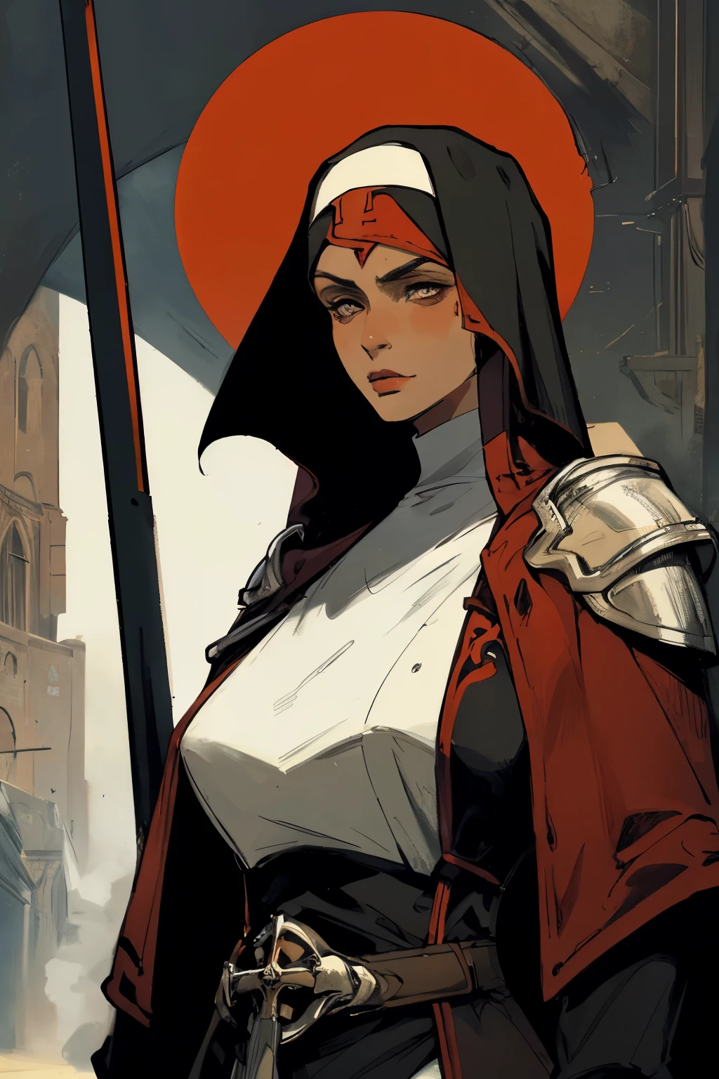 portrait of 1 brunette woman, tan, battle stance, futuristic armor, red eclipse, futuristic, detailed, nun attire, nun covering, elegant mouth covering, ( methurlant), (masterpiece, best quality:1.3), (tan_skin), dark, divine pose, 