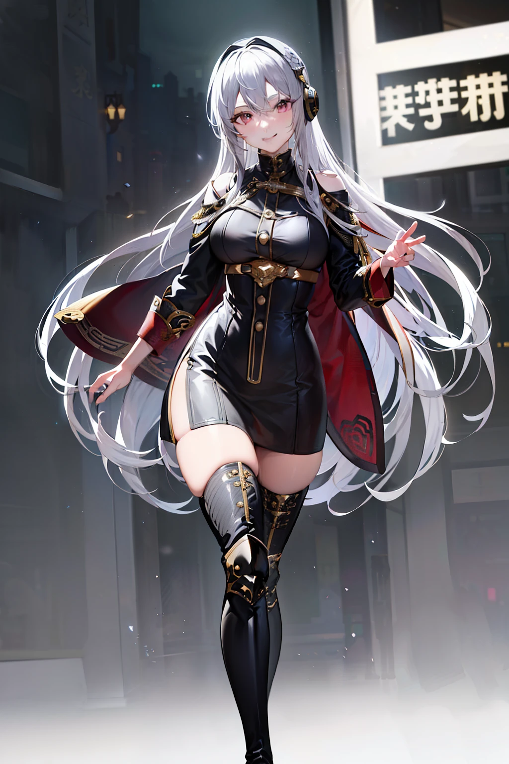 (master piece，expensive、expensive品質，light gray sweater，stare，thigh boots，white hair，smile，Are standing，Absolute area，club，headphone，low head，leg details，Foot Details)