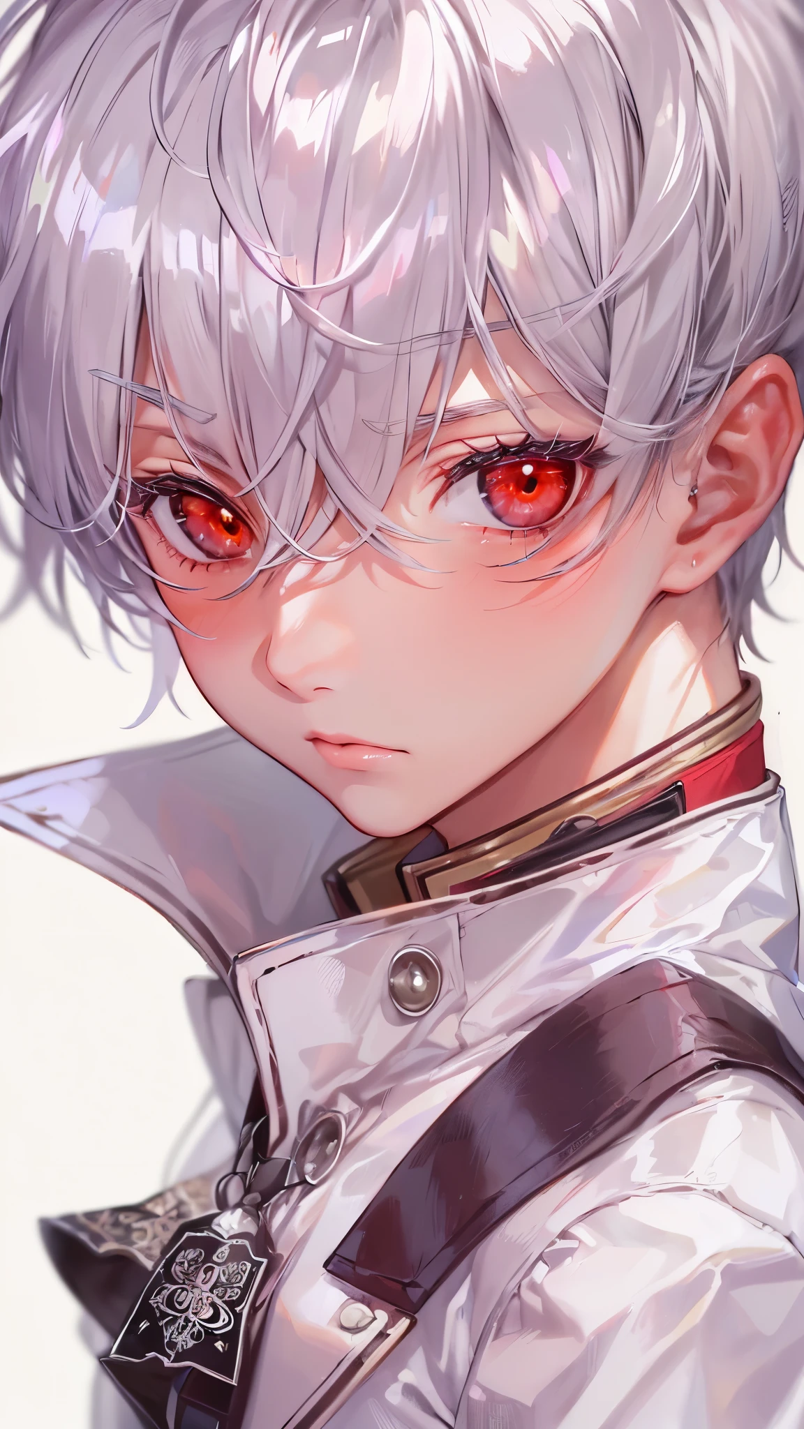 Anime boy with white hair and red eyes wearing a white shirt - SeaArt AI