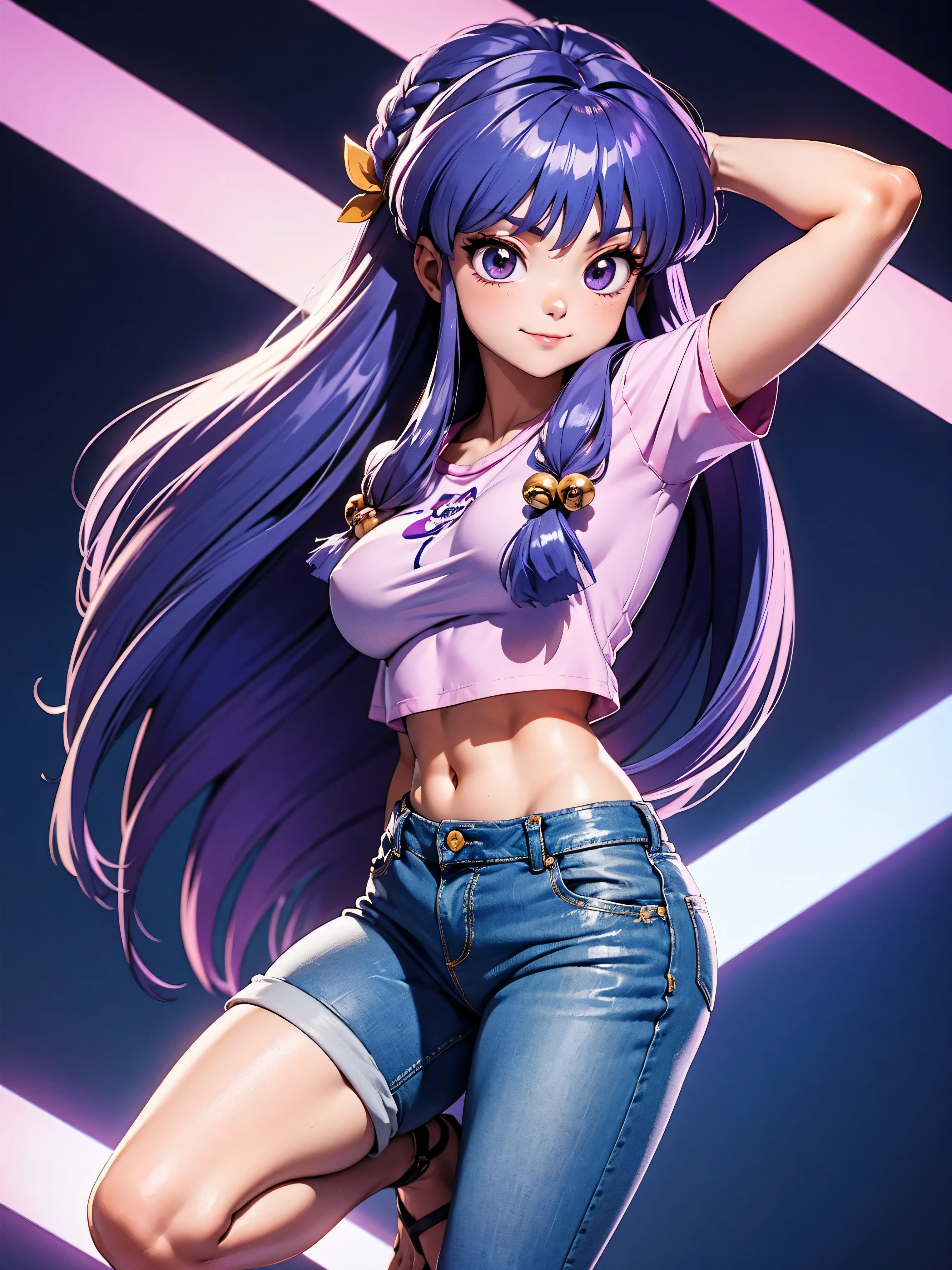 Garota anime sorrindo cabelo purple longo, usando blusa purple e bermuda jeans e sexy, 16 anos, mãos no cabelo, COM AS MÃOS ATRÁS DA CABEÇA, corpo bonito, seios grandes, cabelo roxo purple, cabelo roxo longo, garota sexy, cabelo roxo longo, iluminação linda, sombras suaves, olhos azuis, pernas bonitas, cabelo com trança, estilo anime, Personagrm Shampoo, Autora Rumiko Takahashi, Baseado em obra de Rumiko Takahashi, Anime Ranma 1/ 2, decote sexy, quadril robusto, corpo inteiro, corpo completo, busto grande, garota jovem com corpo belo e bonito, sandália nos pés, garota  jovem baixa estatura, vestindo blusa purple e bermuda jeans e sexy, garota anime, estilo anime, lindos pés em sandálias, ângulo de visão 45°, gesto sexy, peito estufado para frente