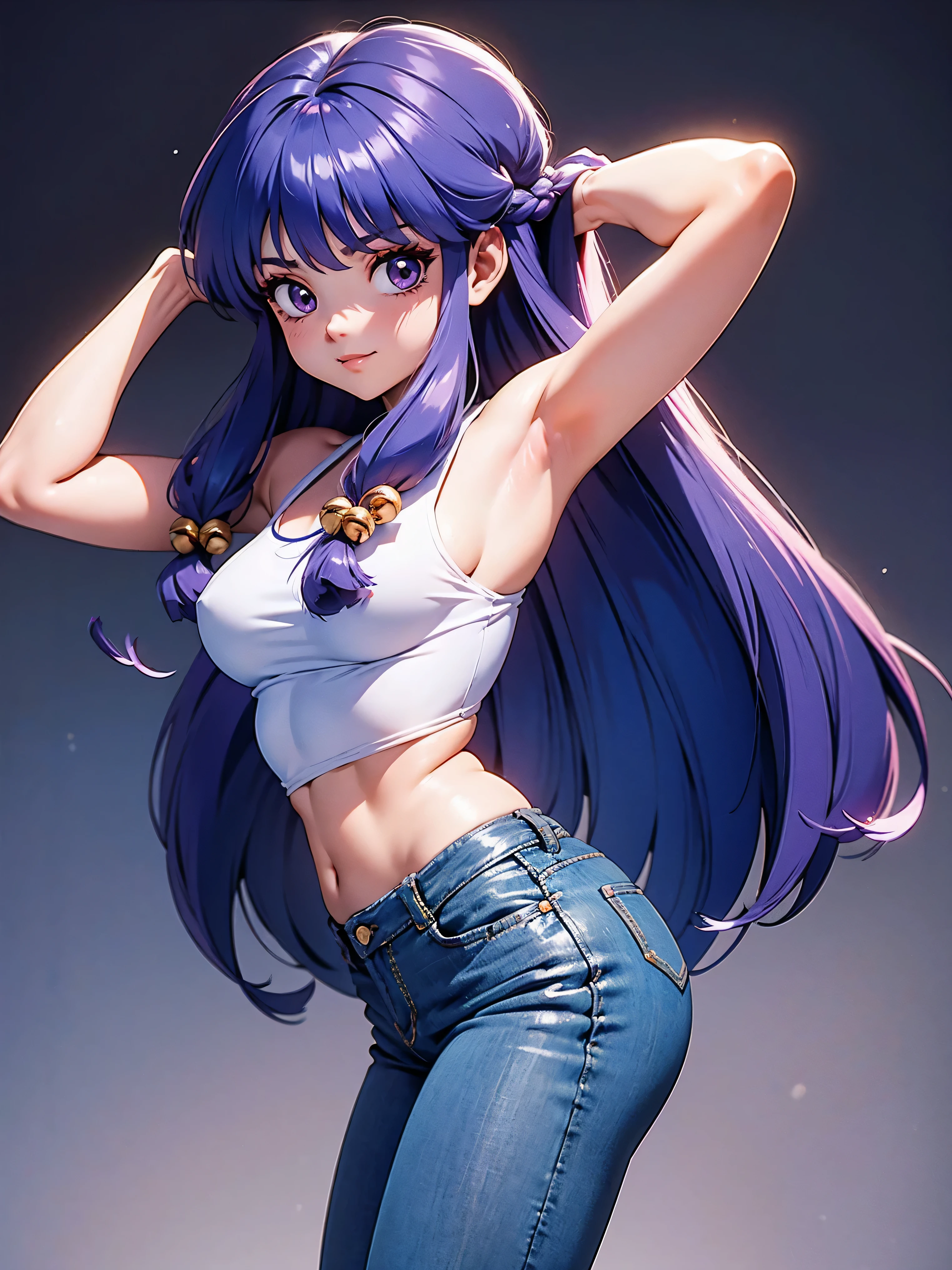 Anime girl souriant aux longs cheveux violets, portant un chemisier violet et un short en jean sexy, 16 ANS, mains dans les cheveux, avec tes mains derrière la tête, beau corps, gros seins, cheveux violets violets, longs cheveux violets, fille sexy, cheveux violets longs, éclairage magnifique, ombres douces, yeux bleus, belles jambes, cheveux avec tresse, style animé, Shampooing Personagrm, Autora Rumiko Takahashi, D&#39;après une œuvre de Rumiko Takahashi, Anime Ranma 1/ 2, déco sexy, hanche robuste, tout le corps, tout le corps, gros buste, jeune fille avec un beau et beau corps, sandales aux pieds, petite jeune fille, portant un chemisier violet et un short en jean sexy, fille animée, style animé, beaux pieds en sandales, Angle de vision 45°, geste sexy, poitrine poussée vers l&#39;avant