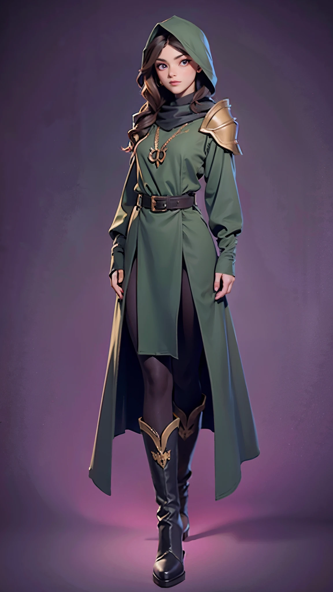 one girl, solo, full body, medieval, dark green cloak, dark green hood, dark brown high boots, shiny blured grey background, gradient sprayed background, front view, gradient red purple background, blured background, glowing edges of image, masterpiece, highly detailed, look at viewer, belts, shoulder-belts