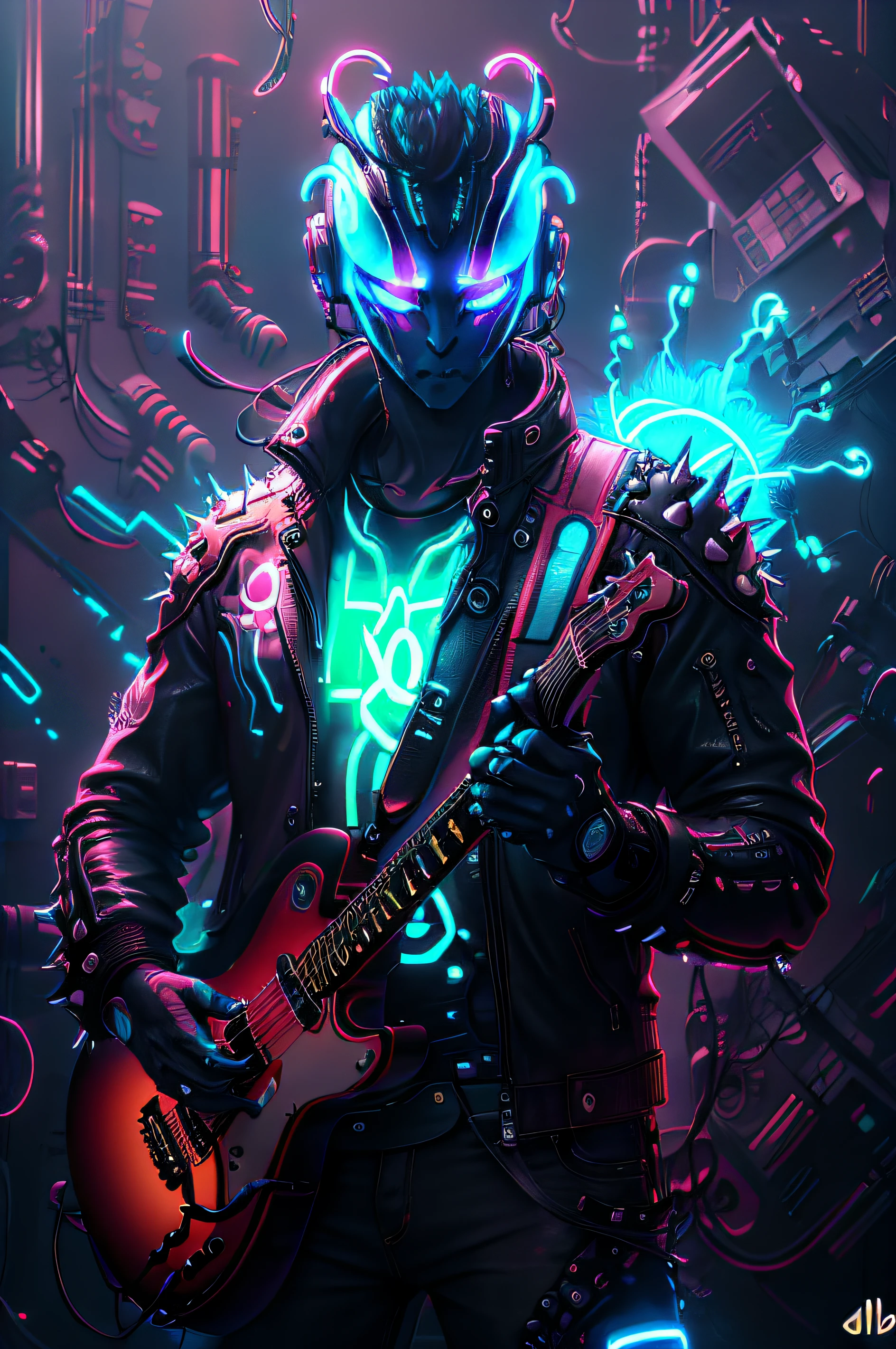 a ((Neon)) blue alien punk with spiky hair and a leather jacket, holding a guitar in one hand and a ((brilhante)) energy drink on the other, in the style of BlueaP, realista,