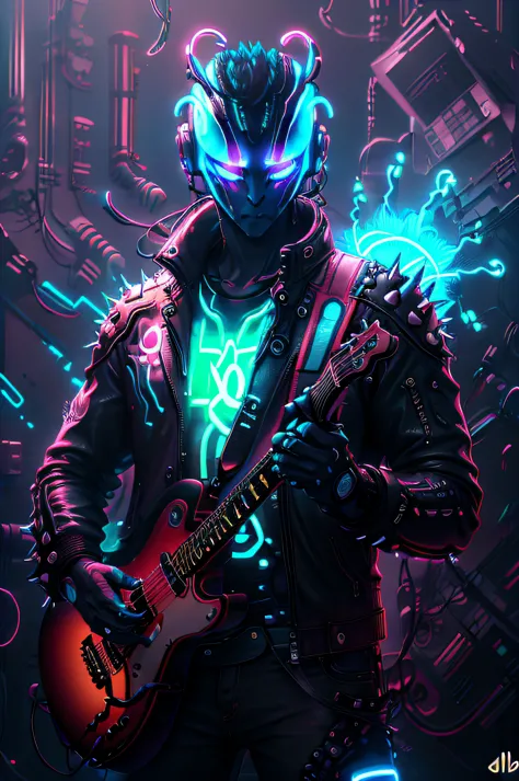 a ((Neon)) blue alien punk with spiky hair and a leather jacket, holding a guitar in one hand and a ((brilhante)) energy drink o...