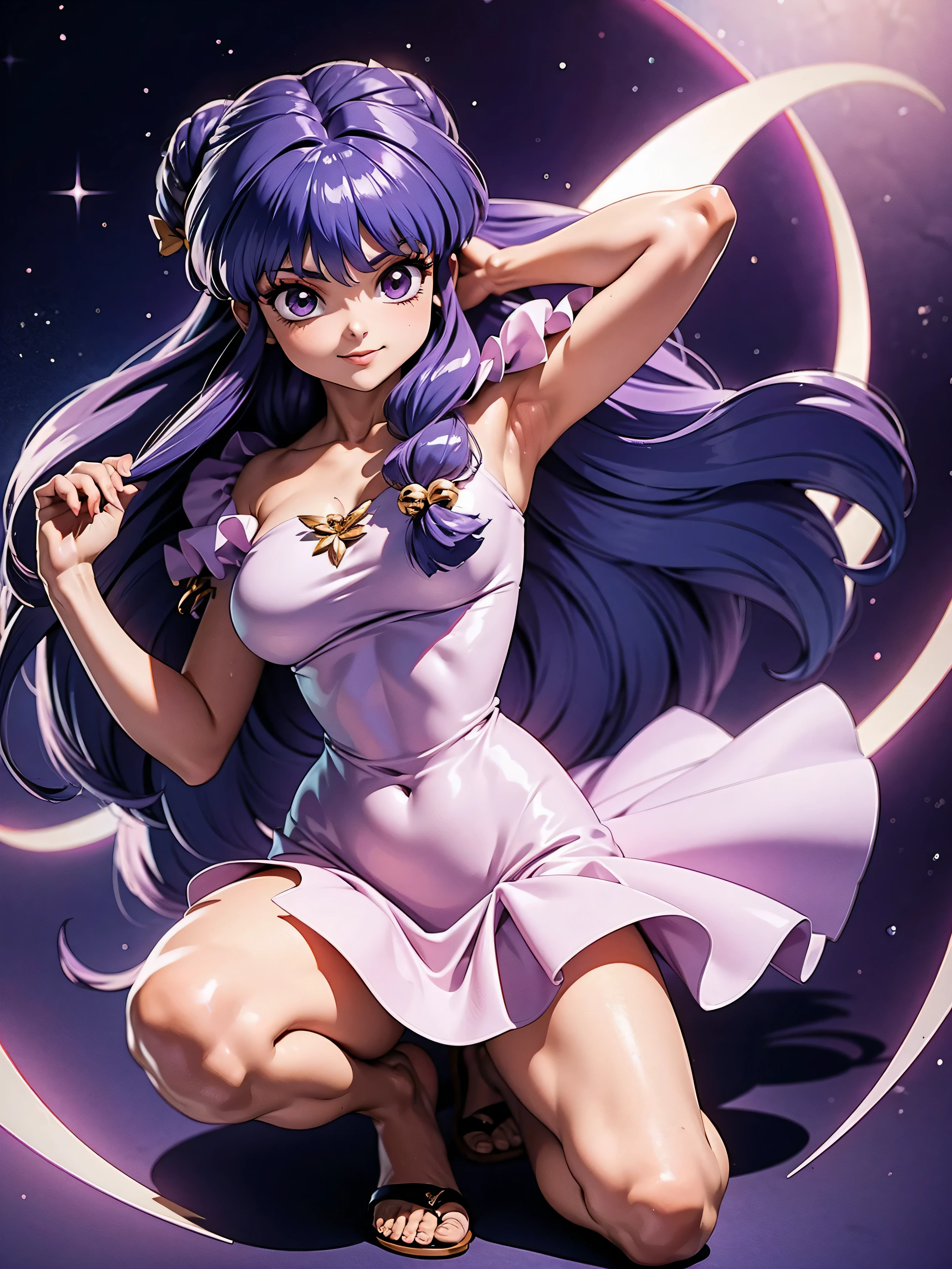 Anime girl smiling long purple hair, wearing sexy purple long dress, 16 yrs old, hands in hair, WITH YOUR HANDS BEHIND YOUR HEAD, Body cute, breasts big, purple purple hair, long purple hair, sexy girl, purple hair long, gorgeous lighting, softshadows, blue colored eyes, pretty legs, hair with braid, anime styling, Personagrm Shampoo, Autora Rumiko Takahashi, Based on a work by Rumiko Takahashi, Anime Ranma 1/ 2, decote sexy, robust hip, fully body, complete body, Bust Big, young girl with beautiful and beautiful body, sandals on the feet, young short girl, with sexy purple long dress, anime girl, anime styling, beautiful feet in sandals, viewing angle 45°, sexy gesture, big boobies, plein-air, Day Light