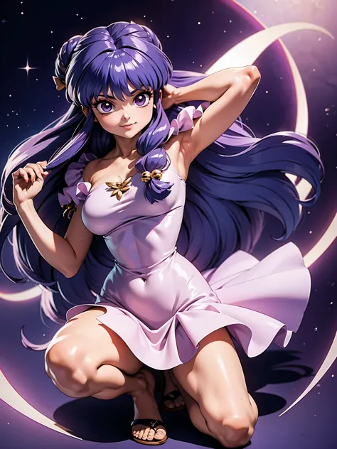 Garota anime sorrindo cabelo purple longo, usando vestido longo purple sexy, 16 anos, hands in hair, WITH YOUR HANDS BEHIND YOUR...