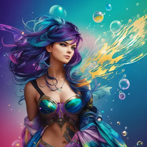drunk beautiful woman like sandman rave, (hallucinating colorful soap bubbles), por Jeremy Mann, Por Sandra Chevrier, Por Dave M...
