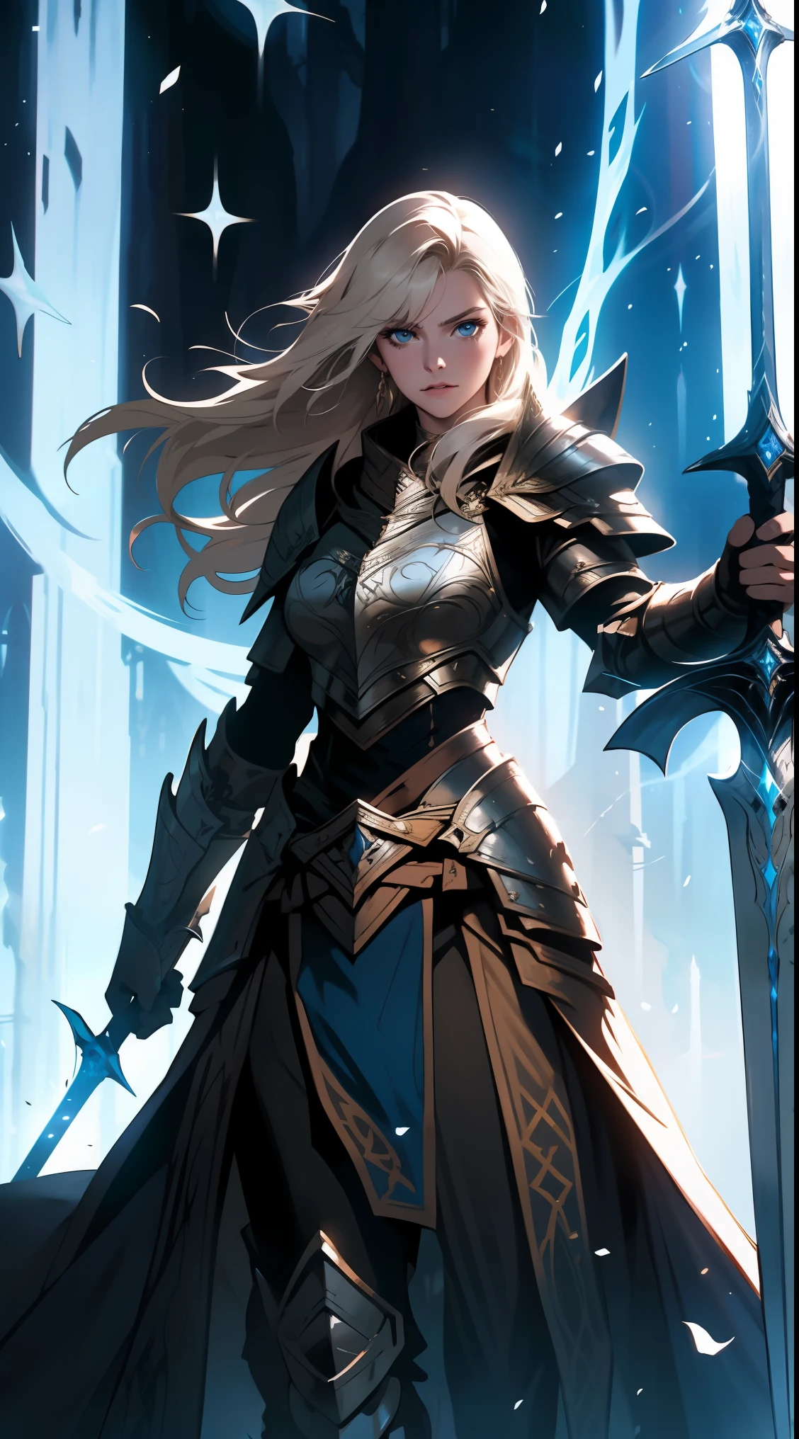 fantasy, epic, movie poster-style illustration, a girl standing in armor, with a dynamic and magical background, featuring prominent and well-designed typography elements,standing, confident, determined, wielding a sword, epic title, magical forest, glowing runes, bold text
