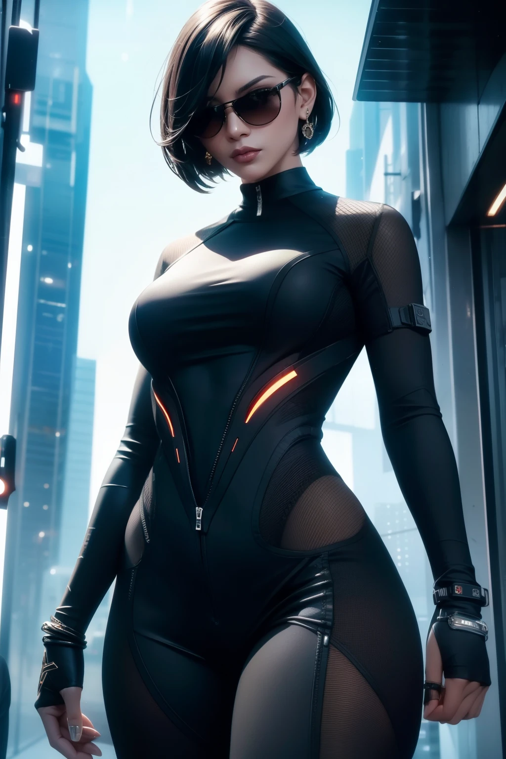 Waist up hot beauty woman (masterpiece) with bob short black hair, best quality, expressive eyes, perfect face, wearing a tight detailed ornad sci-fi cyberpunk combat plugsuit & sunglasses, sharp focus