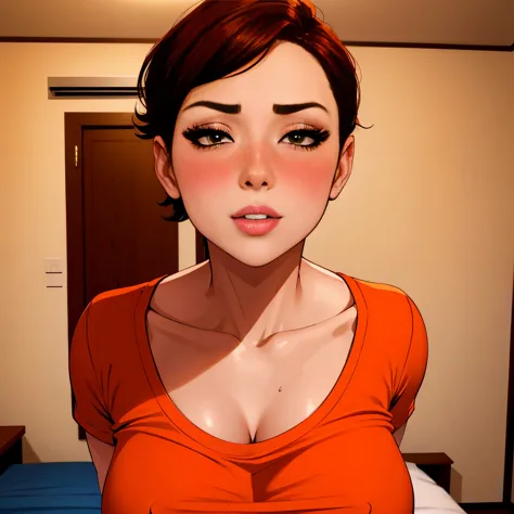 Sexy woman, short bob hairstyle, seductive gaze, blushing intensely, parted lips, desperate, flustered, lustful, orange t shirt, on bed