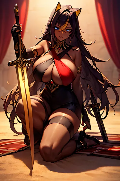 masterpiece,highest quality,studio lighting,Dehya, (black skin),seductive pose, shining eyes, perfect face, perfect hands, detailed lips, detailed nose, fine eyes, (huge breasts), confident smile,big sword,fold your arms,full body,desert