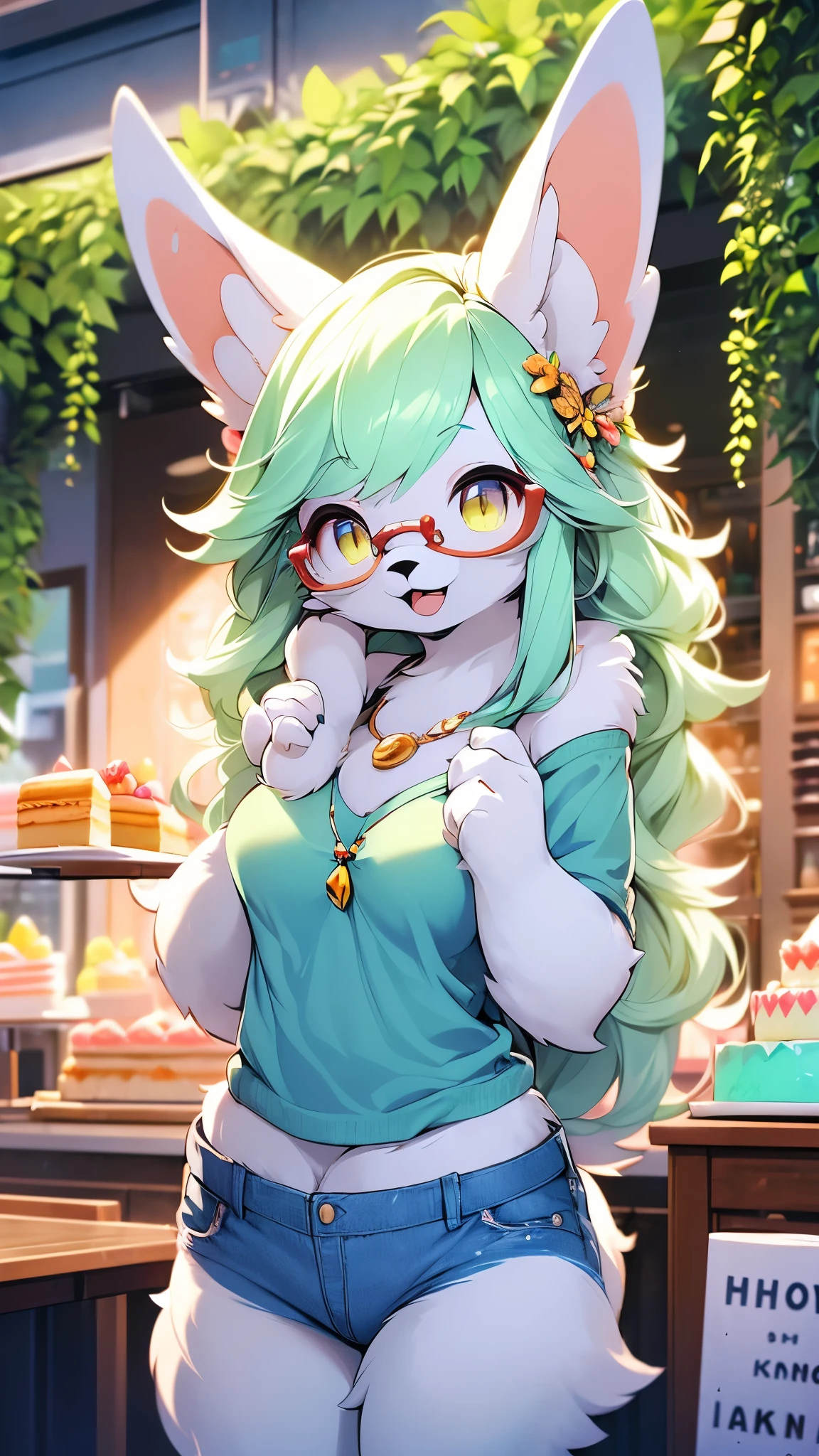 (fluffy anthro furry: 1.6),rabbit girl,female furry,yellow long hair,rabbit ears,glasses,necklace,flora hairpin,arm brecelet,looking at viewer,smile,open mouth,denim shorts,white camisole,cake shop,