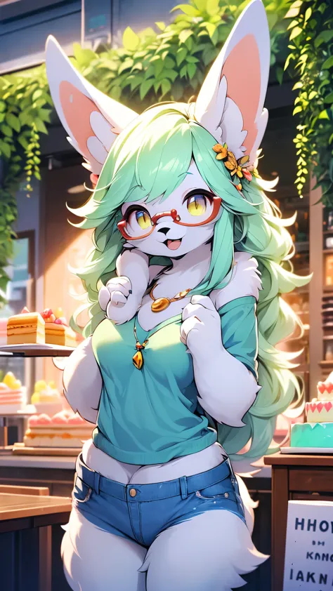 (fluffy anthro furry: 1.6),rabbit girl,female furry,yellow long hair,rabbit ears,glasses,necklace,flora hairpin,arm brecelet,loo...