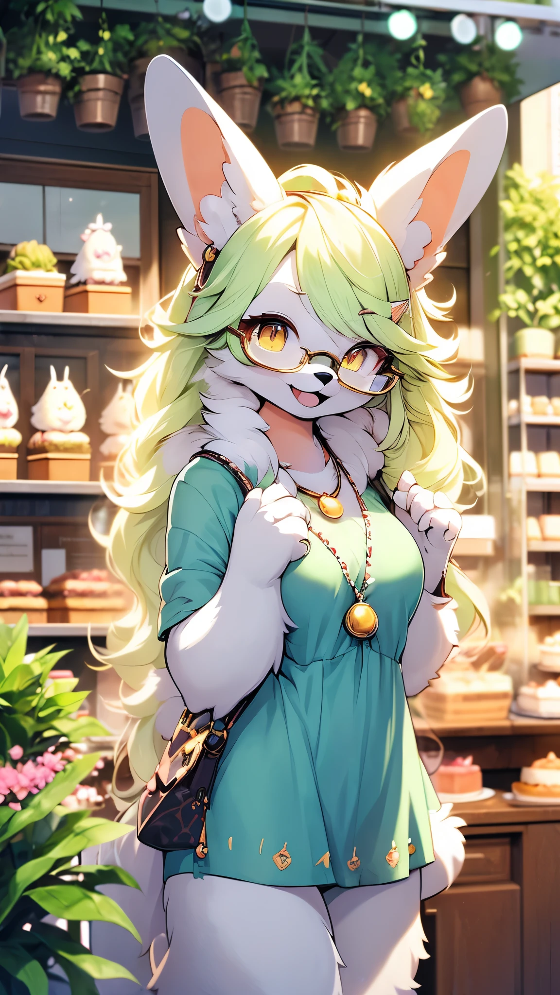 (fluffy anthro furry: 1.6),rabbit girl,female furry,yellow long hair,rabbit ears,glasses,necklace,flora hairpin,arm brecelet,looking at viewer,smile,open mouth,short dress,pocket bag,show cleaveage,cake shop,bend forward