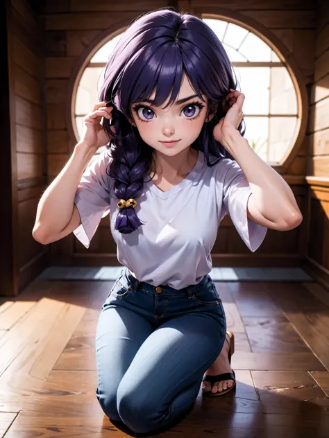 garota anime sorrindo cabelo purple longo, usando blusa purple sexy e bermuda jeans, 16 anos, hands in hair, with your hands beh...