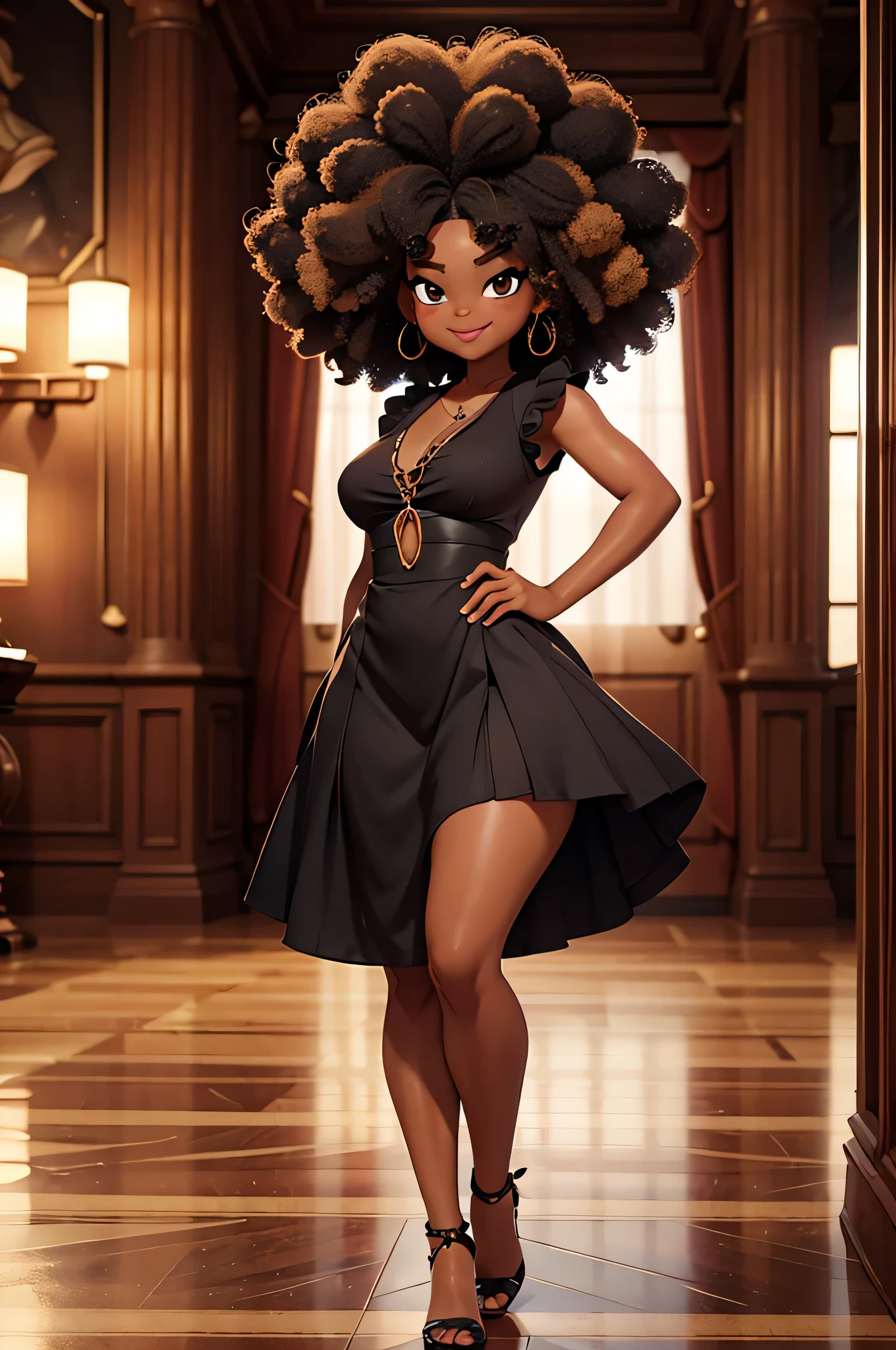 HD, peau foncée, jeune fille, 8 ans, humanoïde, Miel, yeux marrons, (((yeux marrons))), black cheveux afro, (((cheveux afro))), Jackie Parris, ((((Jackie Parris)))), corps entier cgsociety, art de personnage en 3D, corps complet du personnage, concept détaillé du corps entier, personnage stylisé, érotique, ((jeune fille, 1fille, 8 ans)), ((fond détaillé complexe, salle de bal, dehors)), joufflu, petit, court, pose d&#39;action, souriant, porter une robe de princesse