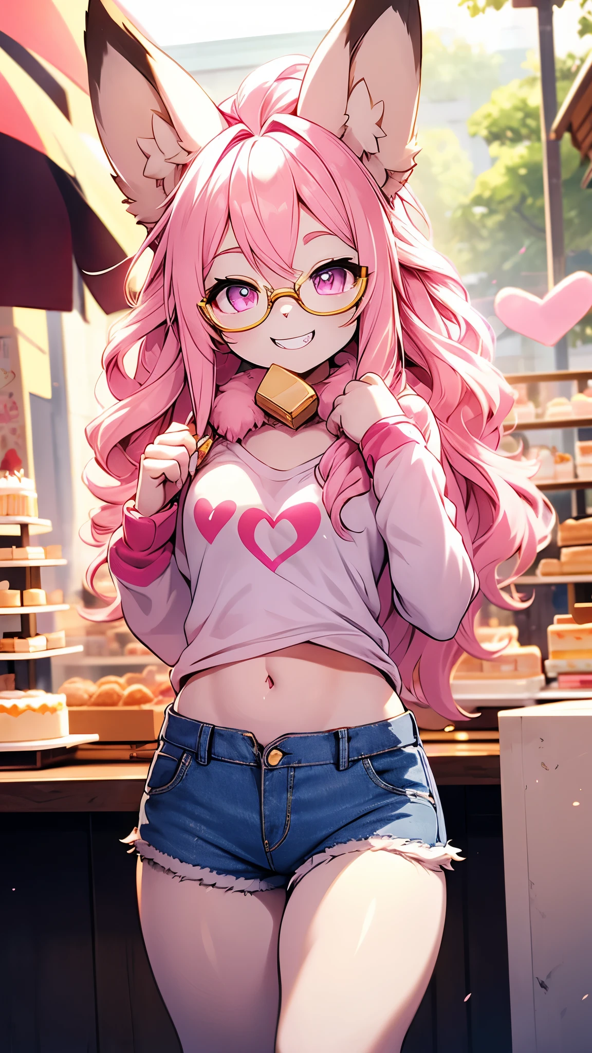 fox girl,female furry,pink long hair,glasses,heart collar,gold arm brecelet,looking at viewer,grin,white shirt,open belly,denim shorts,cake shop