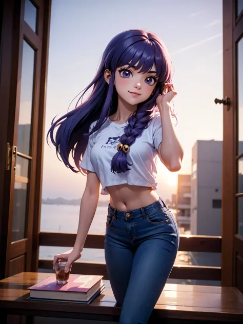 garota anime sorrindo cabelo purple longo, usando blusa purple sexy e bermuda jeans, 16 anos, hands in hair, with your hands beh...