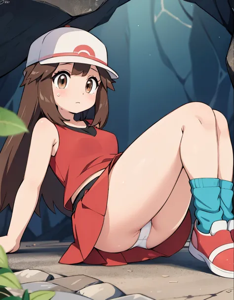 pokemon leaf,visible,bright,vibrant,thighs,skirt(red:0.9),shirt(blue:1.1),brown eyes,loose socks,footwear(white:1.1),upskirt,white panties,body shape(chubby:1.1),thighs(chubby:1.1),scared,lying on the floor,in a dark cave,crying,best quality,ultra-detailed...