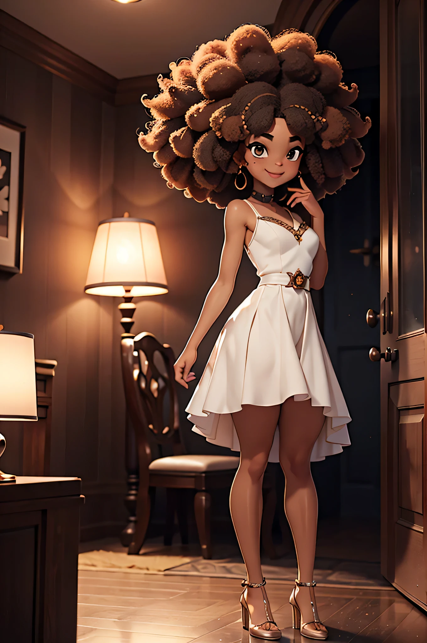 HD, dark skinned, young girl, age 8, humanoid, honey, brown eyes, (((brown eyes))), black afro hair, (((afro hair))), Jackie Parris, ((((Jackie Parris)))), full body cgsociety, 3 d character art, full character body, detailed full body concept, stylized character, erotica, ((young girl, 1girl, age 8)), ((complex detailed background, ballroom, outside)), chubby, small, short, action pose, smiling, wearing a princess dress