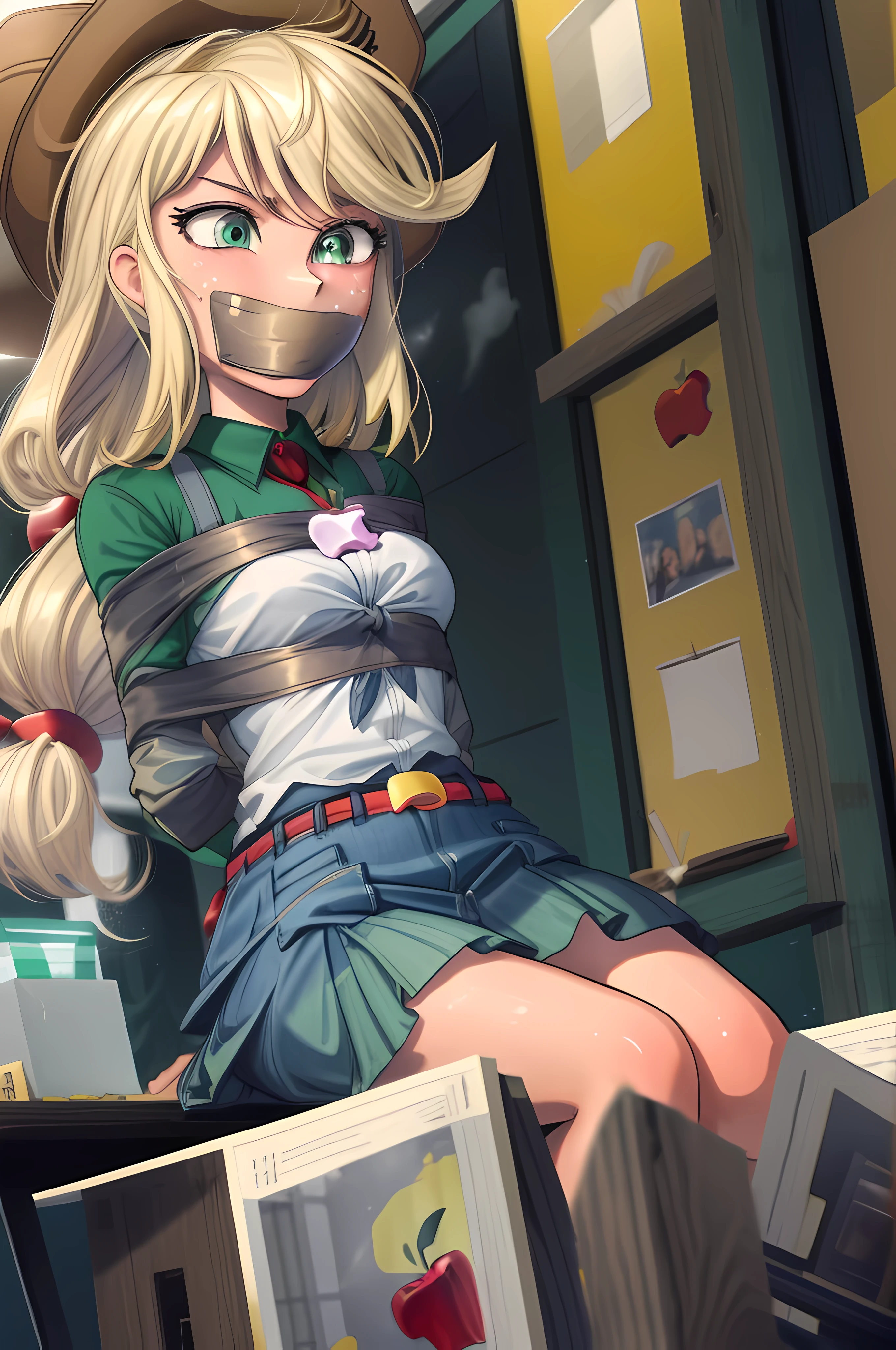 Anime girl with a hat and a skirt sitting on a desk - SeaArt AI