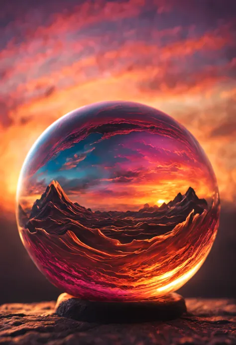 a magnificent sunset on a strange and mysterious alien glass sphere style planete. It's very textured and detailed with dreaming...