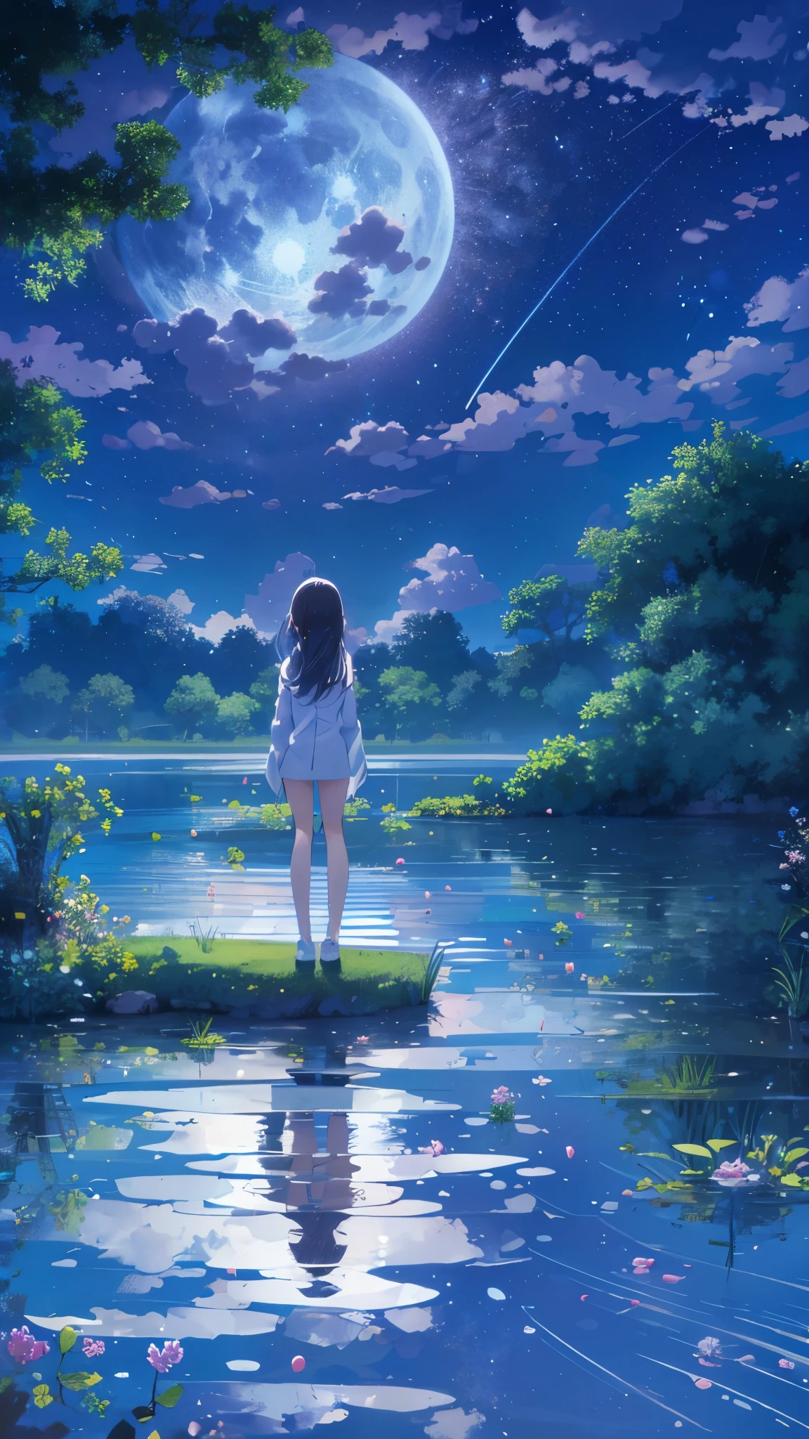 absurd, High resolution, (anime style:1.1), ((table top)), ((highest quality)), (Super detailed), (beautiful), alone, beautiful face、9. blue reflection：A woman looking at a beautiful night view on the shore of a quiet blue pond，Her reflection is、Blend in with the nature around her。The surface of the water ripples gently，Creates a sense of tranquility and clarity。12 years old、(Completely naked:1.5)、shooting star、背中を向ける、(可愛い熊の耳)