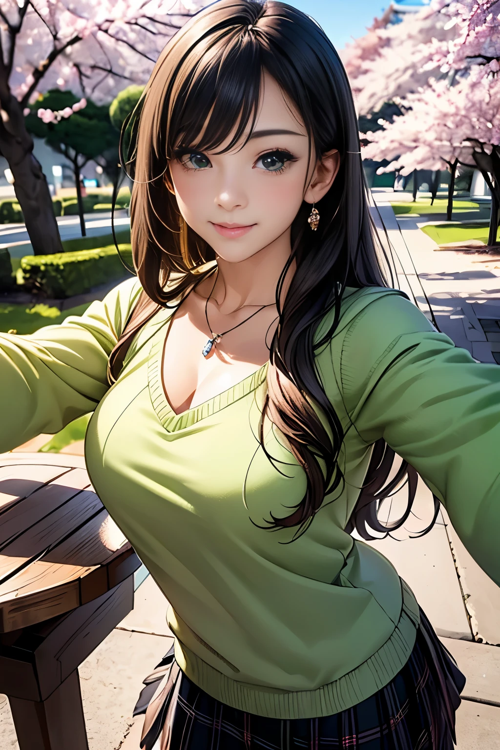 ((table top, highest quality, High resolution, nffsw, perfect pixel, written boundary depth, 4K, nffsw, nffsw))), 1 girl, single, alone, beautiful anime girl, beautiful art style, anime character, ((long hair, bangs, brown hair)), ((green eyes:1.4, round eyes, beautiful eyelashes, realistic eyes)), ((detailed face, blush:1.2)), ((smooth texture:0.75, realistic texture:0.65, realistic:1.1, Anime CG style)),  dynamic angle,  ((throw, Selfie Pose, portrait)), ((Black sweater, long sleeve, black skirt, plaid skirt, Fashionable, 1 diamond necklace)), smile,  amusement park, ((cherry blossoms, cherry blossomsの花が散る))