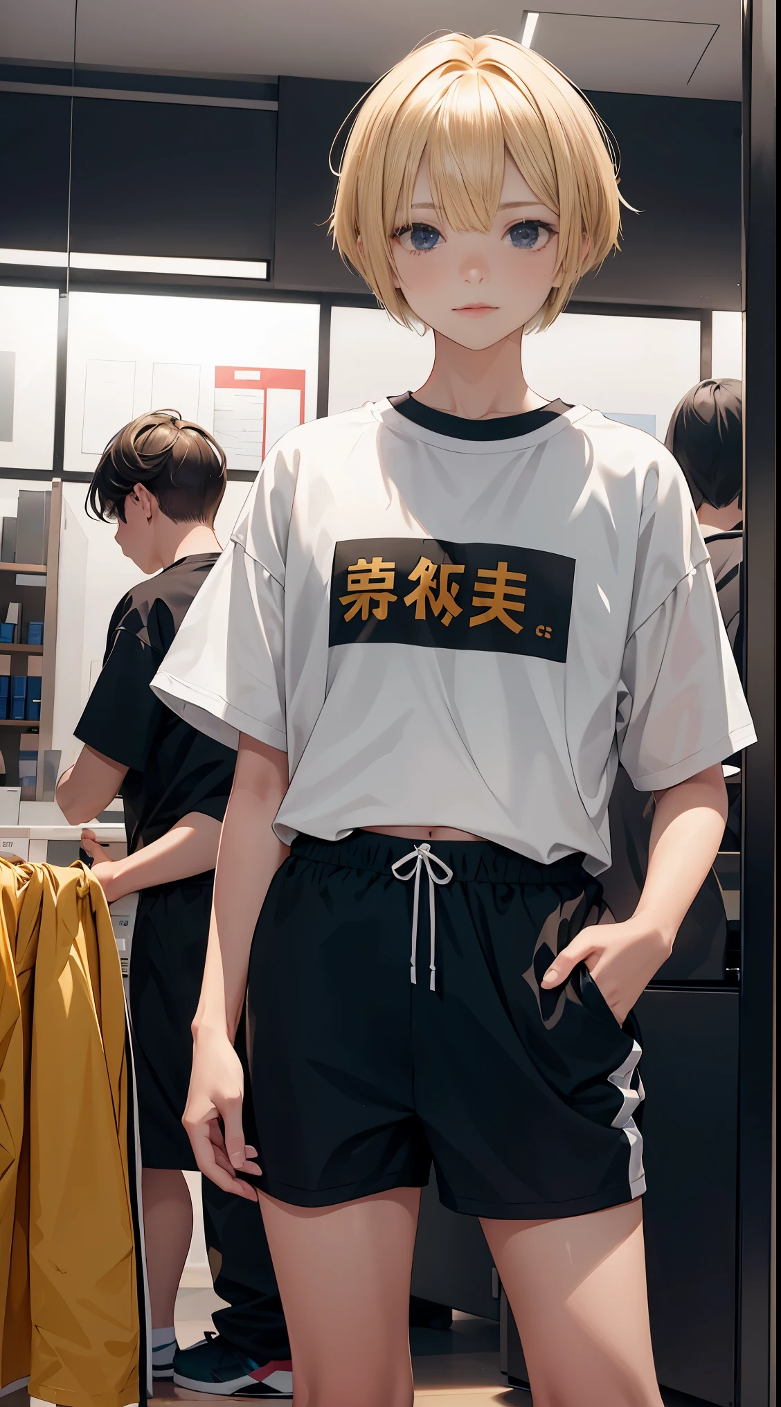 13 year old blonde boy，Sporty，short bob hair，bangs are long,short back hair、 Please wear a shirt and shorts, Kneel in a small store with office supplies, , Other colorful notes were scattered around him