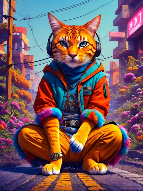 an anthropomorphic cat with headphones and a jacket is sitting in the middle of a road, cyberpunk and post-soviet modernism-them...