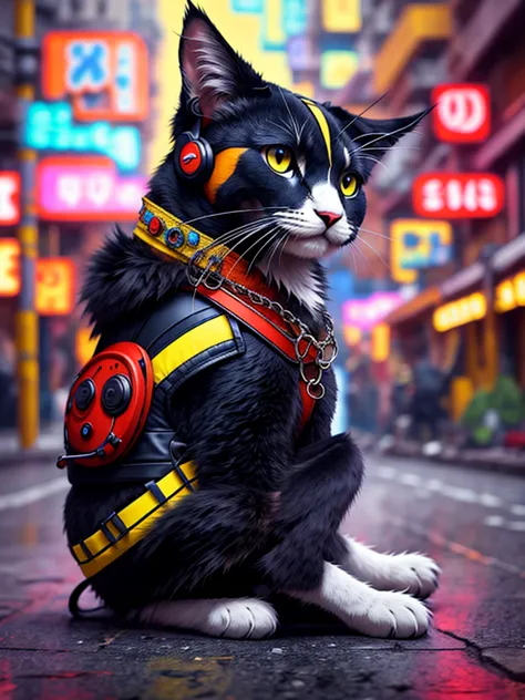 An anthropomorphic black cat with headphones and a jacket is sitting in the middle of a road, Cyberpunk and post-Soviet modernis...