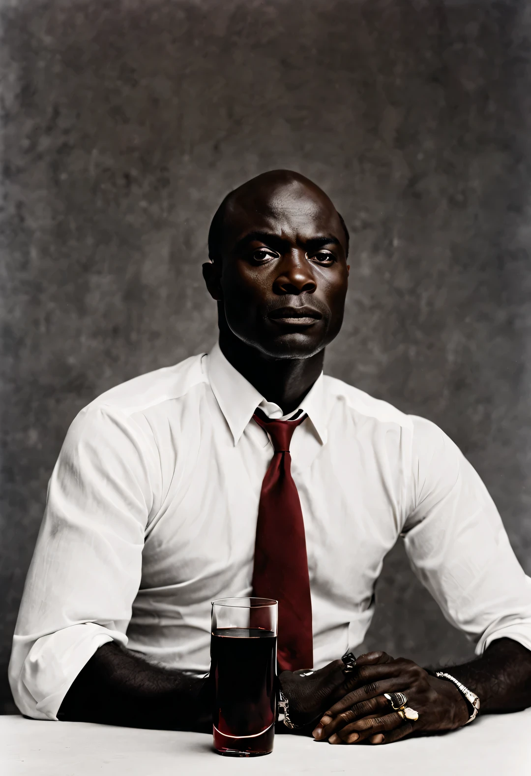 Portrait of British male singer Hale Henry Samuel, above neck, Wearing a white shirt and tie，suit background: There is a half bottle of red wine and a glass on the table in the lower right corner of the screen,
Photography by Irving Penn, close up, sad, pain, fatigue, nude minimalism, black and white, magnificent, Elasticity, Award-winning photography,