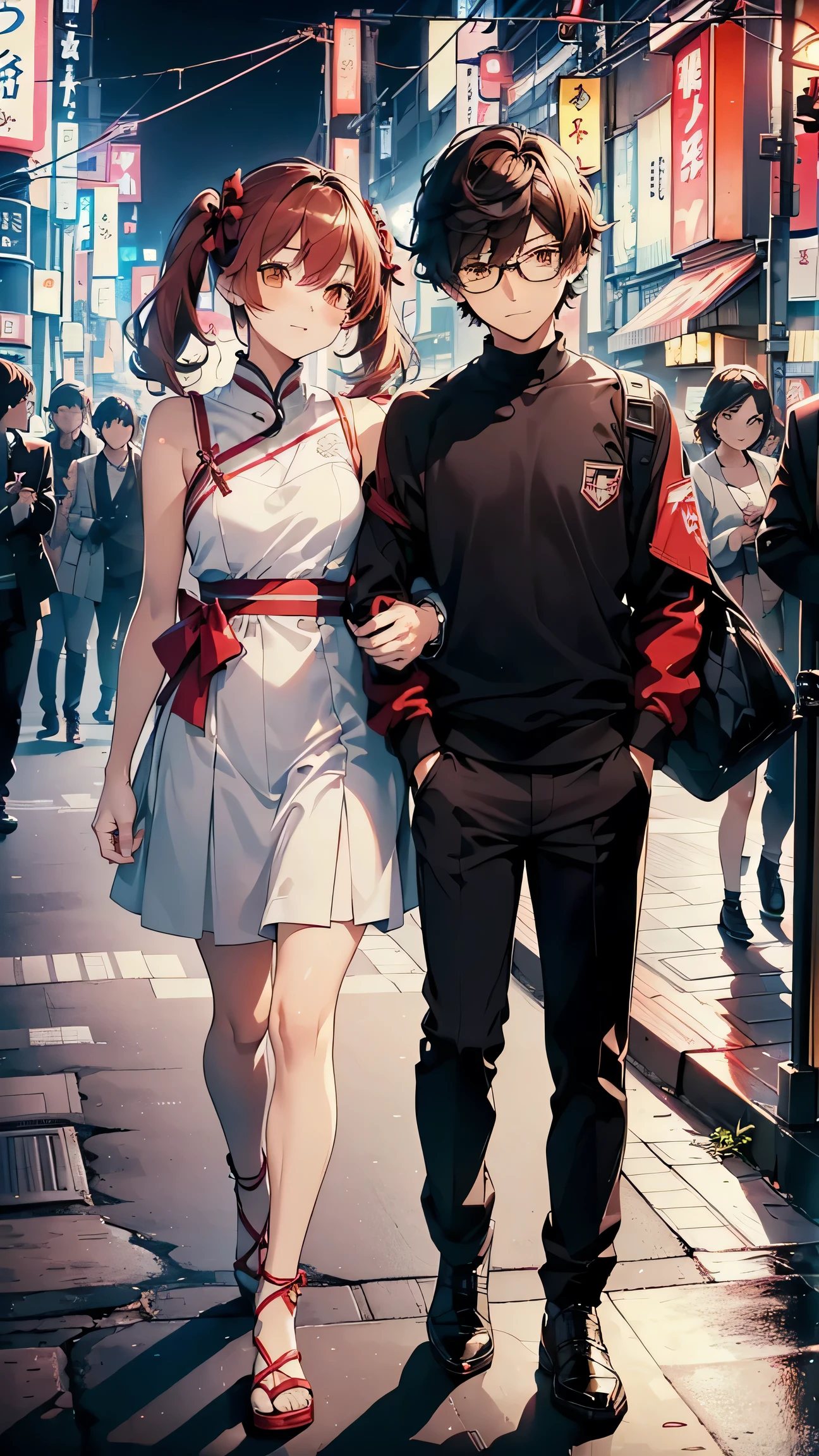 ((top quality, ultra detailed, high resolution, Extremely detailed CG, unity wallpaper 8k, by famous artist, Perfect anatomy, super detailed skin, cinematic lighting, HD, retina, Anatomically correct, 1080P)), ((Please draw a couple in love of one girl and one boy in a lovely date:1.3), ((a girl with a boy)), ((Girl details: face,:2.0, body  shape, skinny, immature, moe, kawaii, Beautiful, bidding, A high school student, Androgynous Amulet, medium hair, girl with completely red hair, redhead, Collections, straight bangs, with a little bow in her hair, Complete ends, full fingers, perfect fingers, flat chest, body , Small rear, ingle, Beautiful detailed yellow gold filled eyes., Perfect eyes, japanese kawaii dress with pastel colors and Beautiful designs, coquette, bare arms and shoulders, sleeveless, thin legs, Small height, bidding face, Girl without glasses, full body view, standing, legs, a girl's body)) ((Child details: face, 1:2.0, amamiya-ren, athletic, manly, masculine, elegant, A high school student, boy with dark brown hair, Complete ends, full fingers, perfect fingers, perfect arms, masculine, manly, Small rear, Beautiful dark brown eyes full of details,  with glasses, Perfect eyes, ropa juvenil elegant hombre, the boy is more mature, mature boy)) (detailed lighting), (detailed background), ((romantic date at night walking through the streets of Tokyo)), Full body shot, ((perfect every 5 fingers)) ((A Man and a Woman)) ((Girl with red hair)) ((boy with dark brown hair)) ((romantic)) ((in love)) ((happy face)) ((smiling))