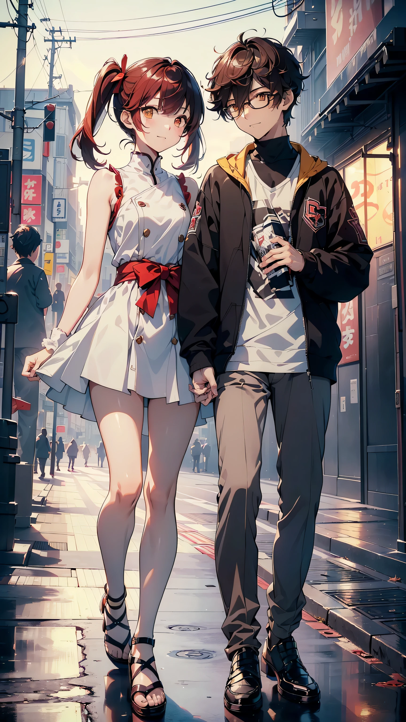((top quality, ultra detailed, high resolution, Extremely detailed CG, unity wallpaper 8k, by famous artist, Perfect anatomy, super detailed skin, cinematic lighting, HD, retina, Anatomically correct, 1080P)), ((Please draw a couple in love of one girl and one boy in a lovely date:1.3), ((a girl with a boy)), ((Girl details: face,12-year-old:3.0, Child, body  shape, skinny, immature, moe, kawaii, Beautiful, bidding, A high school student, Androgynous Amulet, medium hair, girl with completely red hair, redhead, Collections, straight bangs, with a little bow in her hair, Complete ends, full fingers, perfect fingers, flat chest, body , Small rear, ingle, Beautiful detailed yellow gold filled eyes., Perfect eyes, japanese kawaii dress with pastel colors and Beautiful designs, coquette, bare arms and shoulders, sleeveless, thin legs, Small height, bidding face, Girl without glasses, full body view, standing, legs, body of a 12 year old girl)) ((Details of the : face, 17-year-old:2.0, amamiya-ren, athletic, manly, masculine, elegant, A high school student, boy with dark brown hair, Complete ends, full fingers, perfect fingers, perfect arms, masculine, manly, Small rear, Beautiful dark brown eyes full of details,  with glasses, Perfect eyes, ropa juvenil elegant hombre, the boy is more mature, mature boy)) (detailed lighting), (detailed background), ((romantic date at night walking through the streets of Tokyo)), Full body shot, ((perfect every 5 fingers)) ((A Man and a Woman)) ((Girl with red hair)) ((boy with dark brown hair)) ((romantic)) ((in love)) ((happy face)) ((smiling))