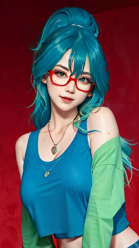 1 girl, Heart-shaped pupils, nail, grey-blue hair and green hair, Long ponytail, light green eyes,red glasses，Red Half-rimmed Gl...